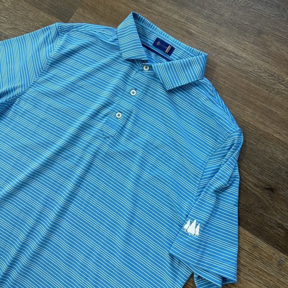 Stitch Golf‎ Polo Men's Blue Striped Sleeve Logo  Preppy Casual Golf Performance